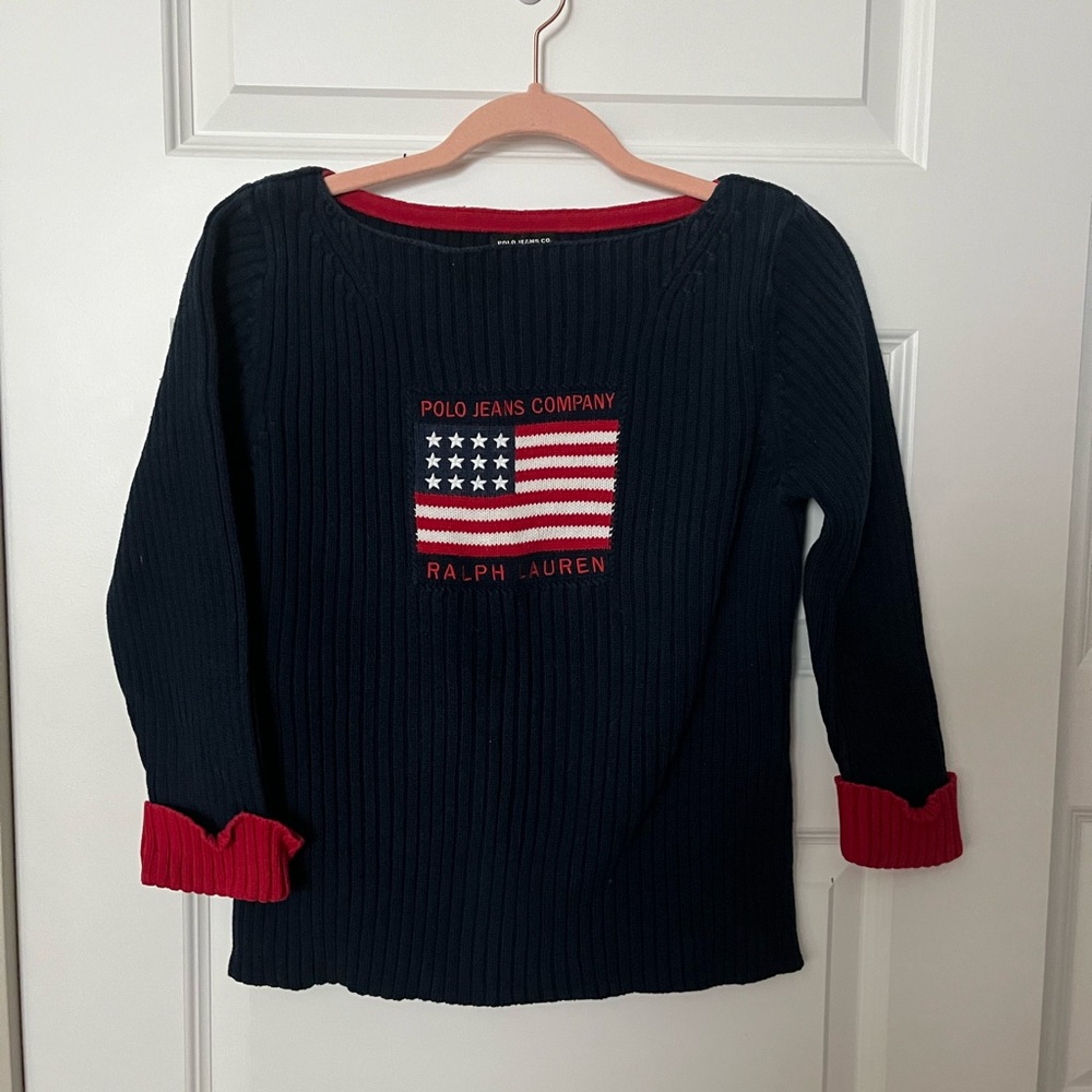 Ralph Lauren Women's Blue Sweater with Red Accents
